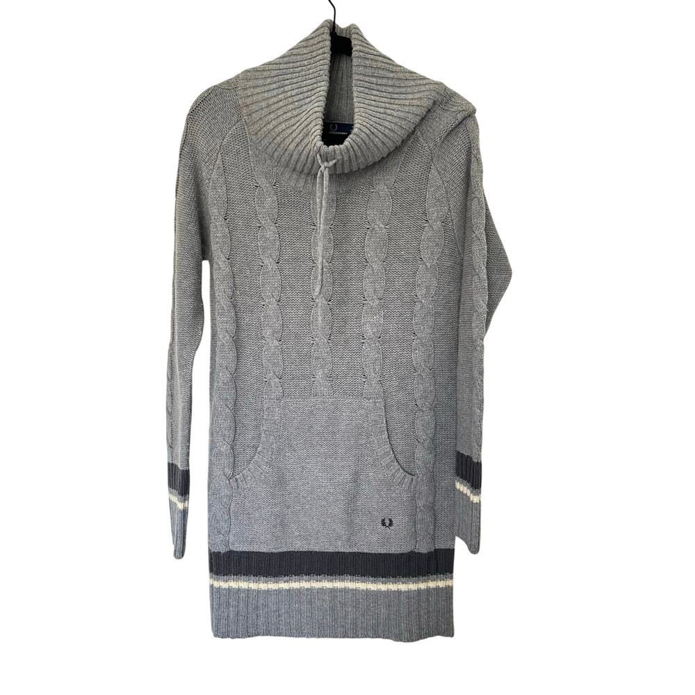 Fred Perry Sportswear (US 8) Gray Lambswool Cableknit Tunic Sweater Funnel Neck
